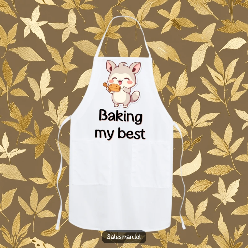 Funny apron showcasing a small, energetic creature joyfully offering a tempting, stylized treat, ideal for a humorous cooking experience.