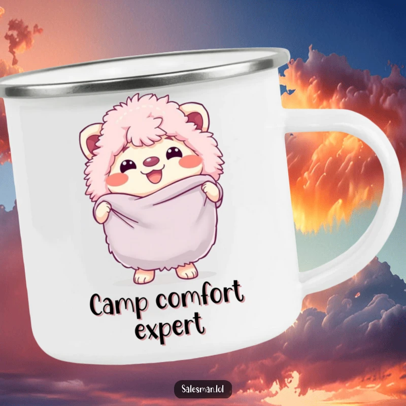 Funny camping mug with a fluffy creature, cheerful grin, holding a large, soft fabric swatch, ready for adventure.