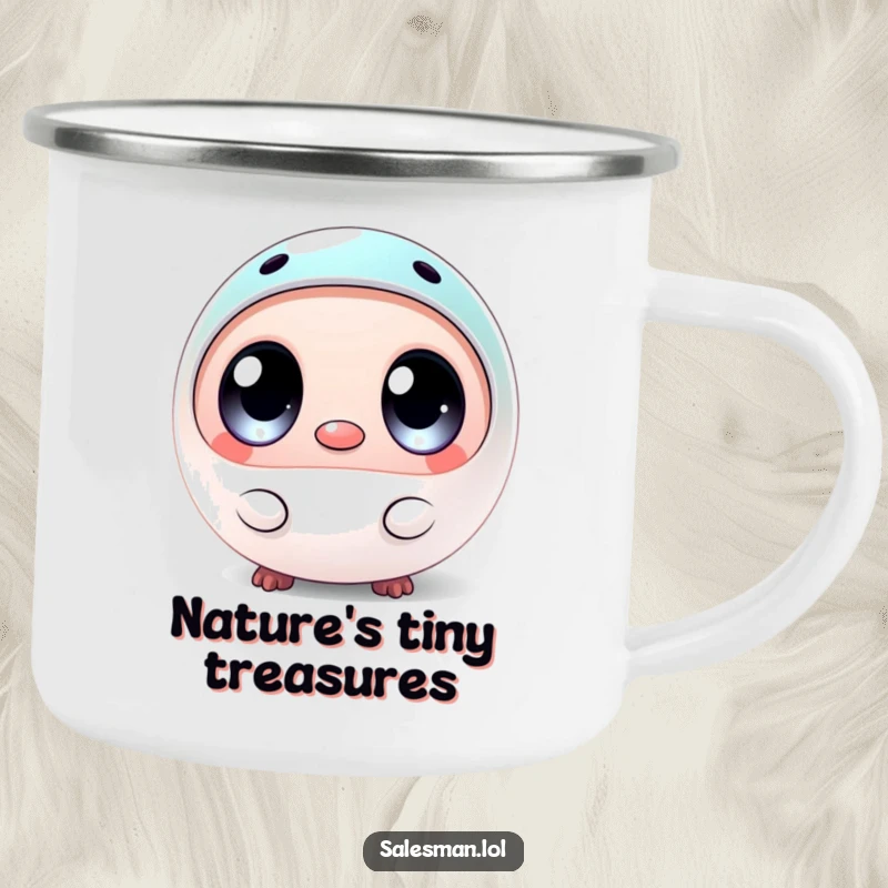 Funny camping mug with a round creature, wide eyes, presenting a small, shiny sample, built for adventure and humor.