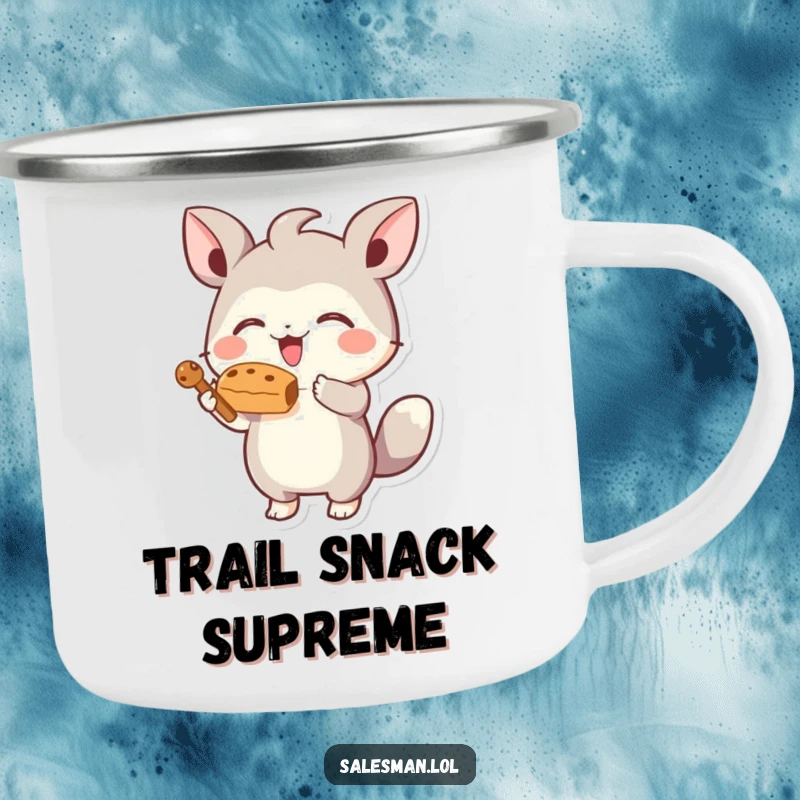 Funny camping mug with a small, energetic creature offering a tempting, stylized treat, built for adventure and humor.