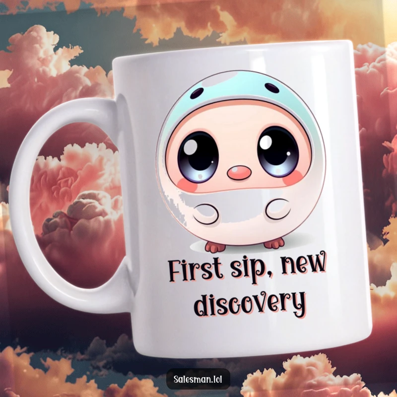 Funny mug featuring a round, wide-eyed creature holding out a tiny, gleaming sample, looking eager and inquisitive.