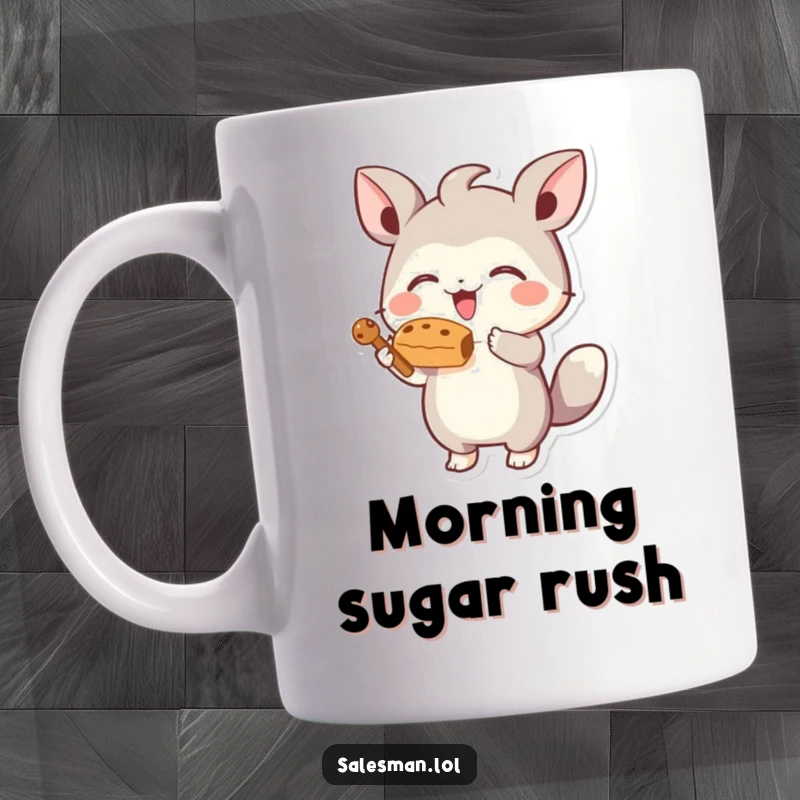 Funny mug depicting a small, energetic creature joyfully presenting a stylized, tempting treat, looking eager and delightful.