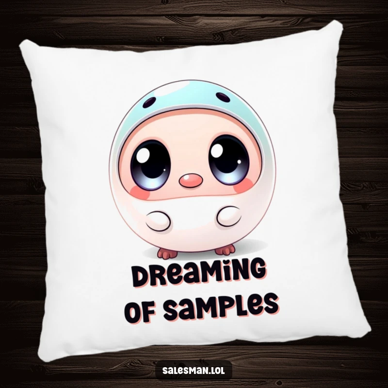 Funny pillow depicting a round creature with wide eyes, offering a small, shiny sample, designed for comfort and amusement.