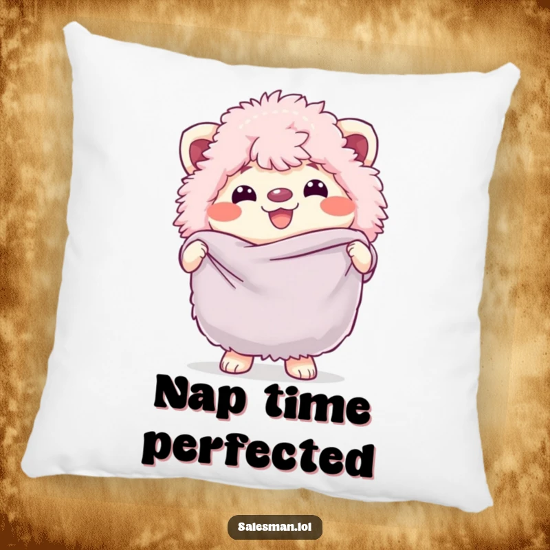 Funny pillow of a fluffy creature, beaming with a cheerful grin, holding a large, soft fabric swatch, designed for ultimate coziness.