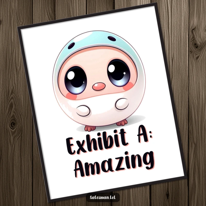 Funny digital art print of a round creature with wide eyes, presenting a small, shiny sample, capturing a moment of curious delight.