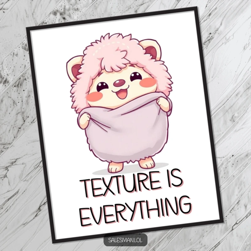 Funny digital art print of a fluffy creature with a cheerful grin, holding a large, soft fabric swatch, radiating warmth and joy.