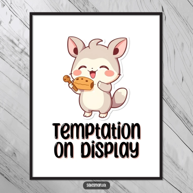 Funny digital art print of a small, energetic creature joyfully presenting a tempting, stylized treat, capturing a moment of pure delight.