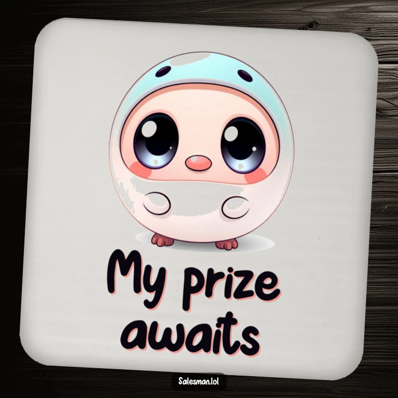 Funny coaster showing a round creature with big eyes, holding a small, shiny sample, protecting surfaces with humor.