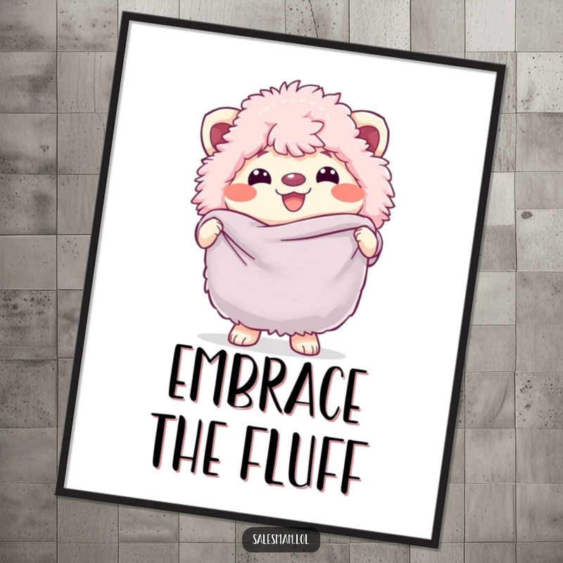 Funny poster print of a fluffy creature with a huge, cheerful grin, holding a large, soft fabric swatch, radiating pure happiness.