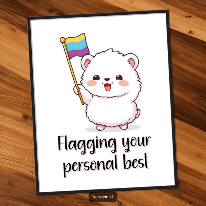 Funny Free Printable Wall Art: A small, fluffy creature happily waving a colorful flag, bringing a festive and joyful atmosphere.