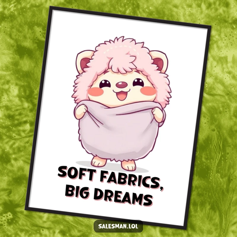 Funny free printable wall art of a fluffy creature with a cheerful grin holding a large soft fabric swatch, cozy decor.