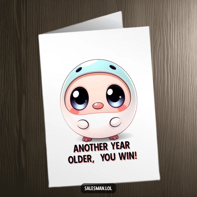 Funny free printable birthday card featuring a round creature with big eyes offering a tiny shiny sample, pure birthday amusement.
