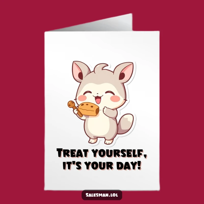 Free Printable Birthday Card: Energetic Creature Offers Tasty Treat Gift
