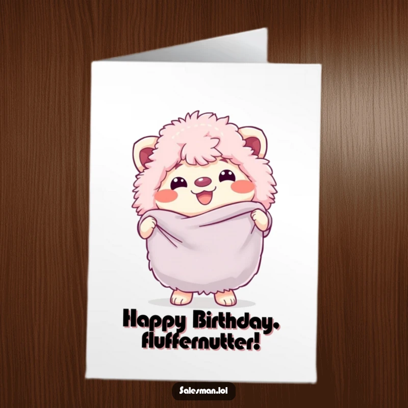 Funny free printable birthday card: fluffy creature with cheerful grin holds a large soft fabric swatch, birthday joy.