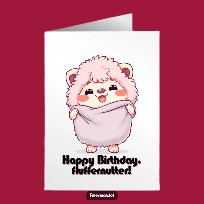 Free Printable Birthday Card: Fluffy Creature Grins with Soft Fabric Gift