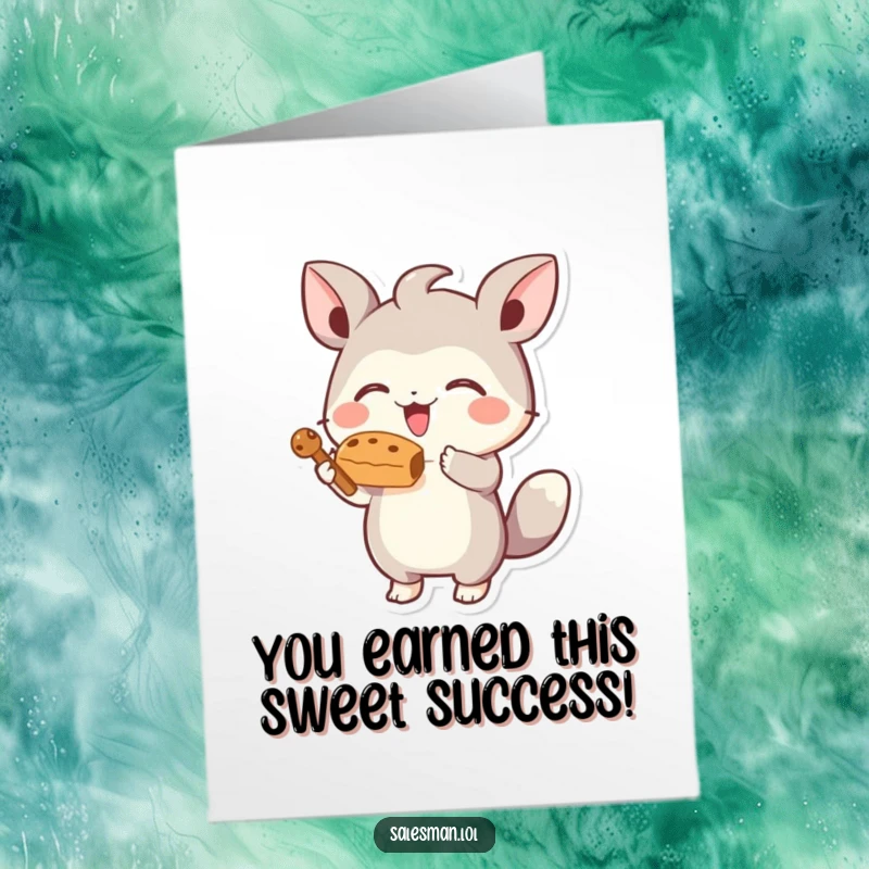Funny free printable congratulations card: energetic creature offers a stylized treat, celebrating a sweet victory.