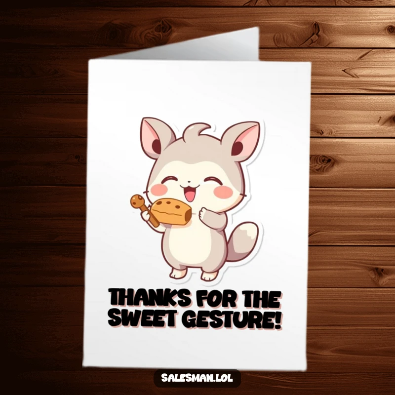 Funny free printable thank you card: small energetic creature joyfully offers a tempting stylized treat, thankful gesture.