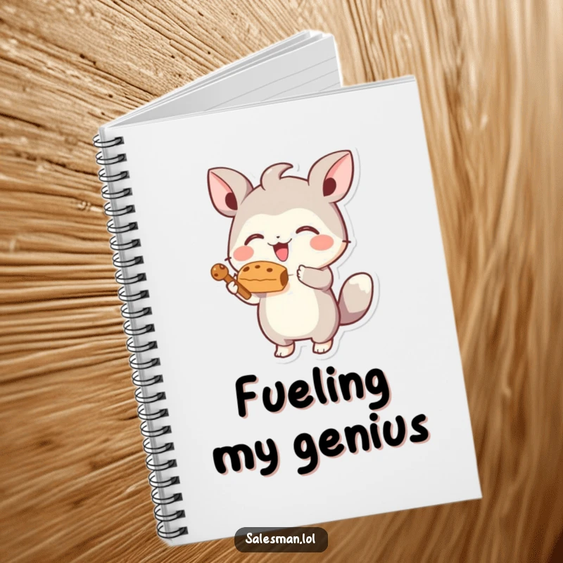 Funny notebook cover with a small, energetic creature offering a tempting, stylized treat, inspiring creativity and joy.