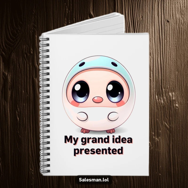 Funny notebook cover with a round creature, wide eyes, holding a small, shiny sample, inspiring creativity and amusement.