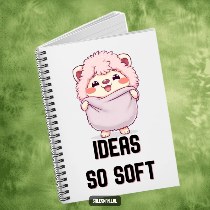 Funny notebook cover with a fluffy creature, cheerful grin, holding a large, soft fabric swatch, inspiring creativity and joy.