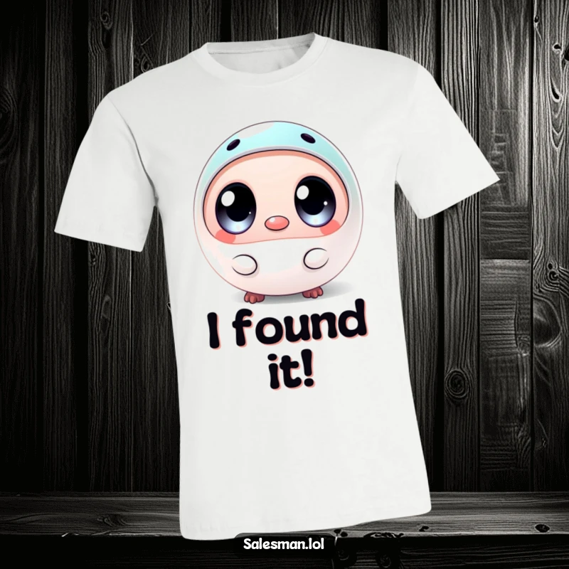 Funny T-shirt with a round creature sporting wide eyes, proudly offering a small, shiny sample, radiating curiosity and charm.
