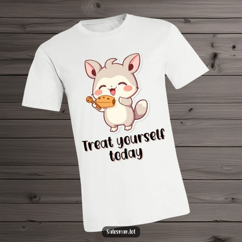Funny T-shirt with a small, energetic creature joyfully offering a tempting, stylized treat, radiating pure excitement and happiness.