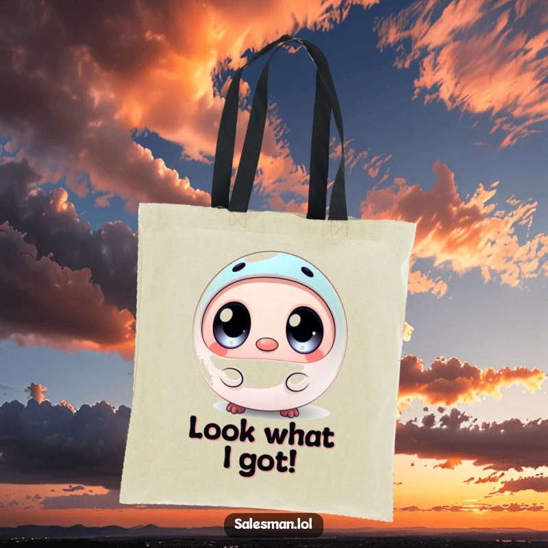 Funny tote bag featuring a round creature with wide eyes, presenting a small, shiny sample, perfect for carrying treasures.