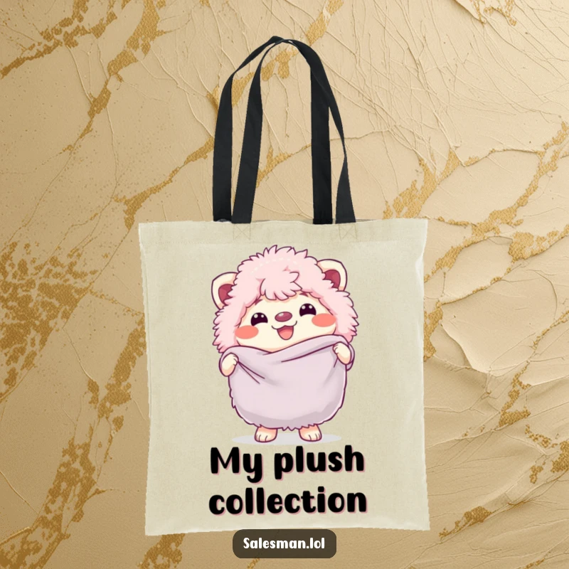 Funny tote bag with a fluffy creature, wide cheerful grin, holding a large, soft fabric swatch, ready to carry anything.
