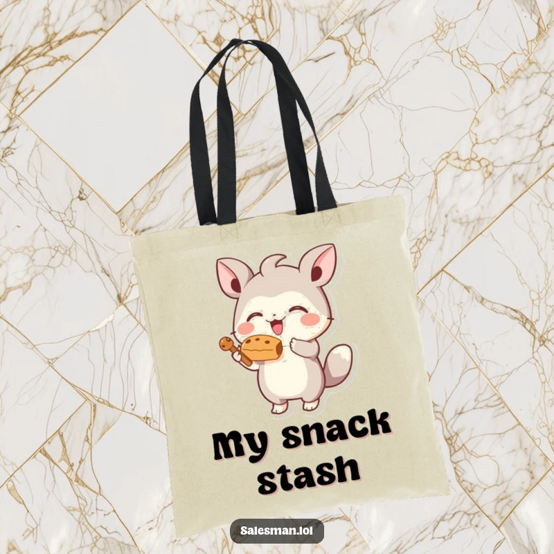 Funny tote bag with a small, energetic creature joyfully offering a tempting, stylized treat, perfect for carrying treasures.
